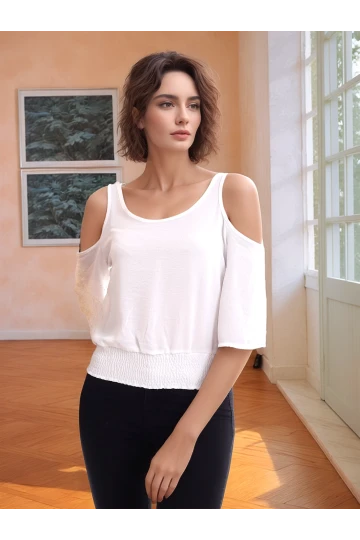 20333451 Ayrobin Omuzu Açık Beli Lastikli Kısa Kol Bluz EKRU