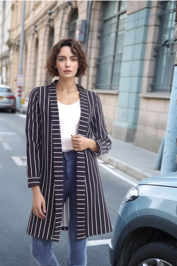 20343264 Atlas Çizgili Uzun Ceket SIYAH BEYAZ ÇIZGILI