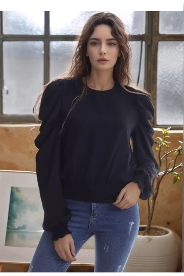 20343329 Sunshine Kol Pileli Etek Gipeli Uzun Kol Bluz SIYAH