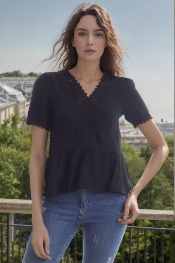 20343456 Keten Önü Güpürlü Eteği Volanlı Kısa Kol Bluz SIYAH
