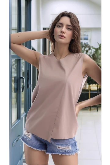 21112111 Önü Deri Arkası Triko Kolsuz Bluz VIZON