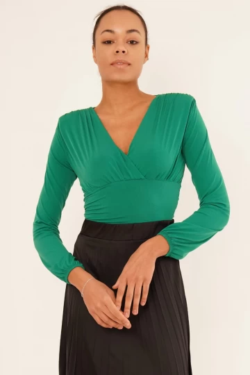 23254223 Sandy Kruvaze Yaka Büzgülü Vatkalı Uz.Kol Bluz YESIL