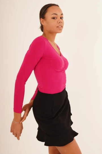 23254224 Sandy Yaka Zigzag Nakışlı Uz.Kol Bluz FUSYA