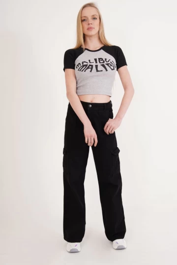 23254271 Kaşkorse Malibu Baskılı Kısa Kol Crop Bluz SIYAH