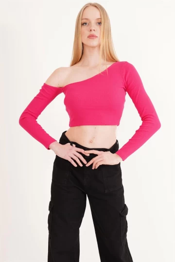 23254281 Kaşkorse Tek Omuz Dekolteli Uz.Kol Bluz FUSYA