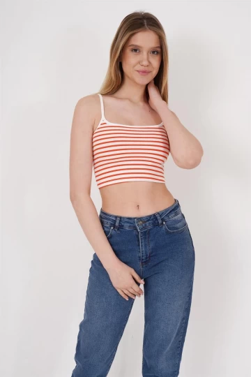 23254291 Kaşkorse İnce Askılı Çizgi Desen Crop Atlet TURUNCU