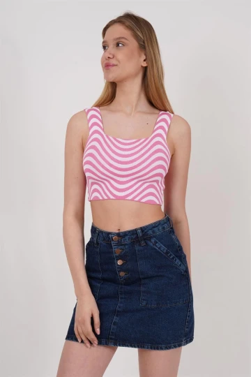 23256429 Triko Zebra Desenli Kare Yaka Crop Atlet PEMBE