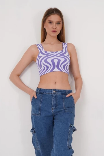 23256430 Triko Desenli Askılı Kare Yaka Atlet LILA