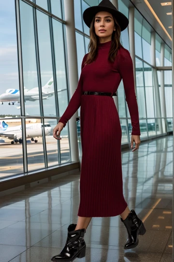 7012011 Yarım Balıkçı Eteği Pliseli Uzun Elbise BORDO