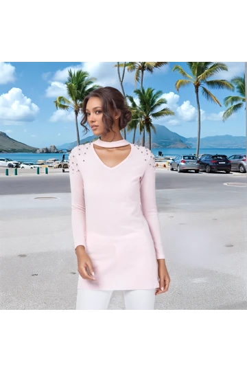 8490995 Yumoş Omuzu İncili V Yaka Boğazı Bantlı Bluz PUDRA