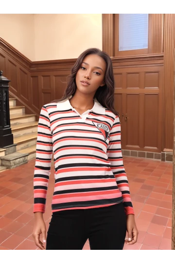 8515150 Digital Baskılı Polo Yaka Uzun Kol Bluz EKRU-MERCAN