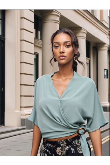 9092928 Kobe Kruvaze Yaka Yarasa Kol Bağlamalı Bluz CAGLA YESIL