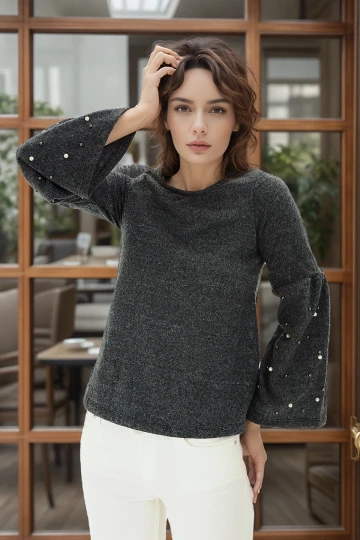 9100985 Yumoş Kolu Geniş Volanlı İncili Bluz SIYAH