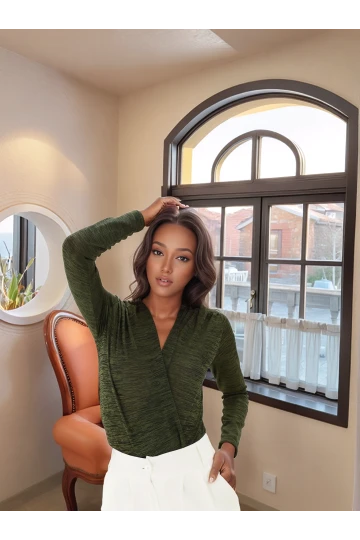 9111440 Flamlı Kruvaze Uzun Kol Zıbın Bluz HAKI