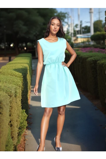 9315020 Dok.Viskon Desenli Cepli Kolsuz Elbise MINT