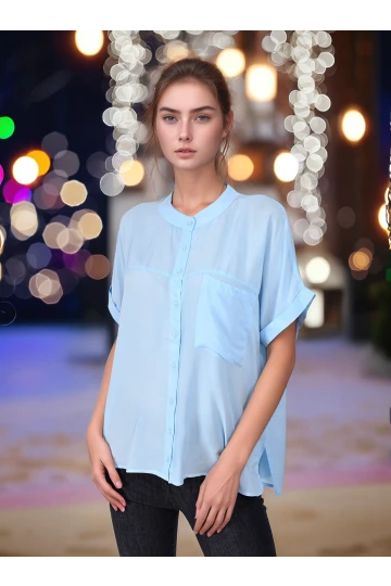 9363033 Vual Tek Cepli Hakim Yaka Yarasa Kol Gömlek MAVI