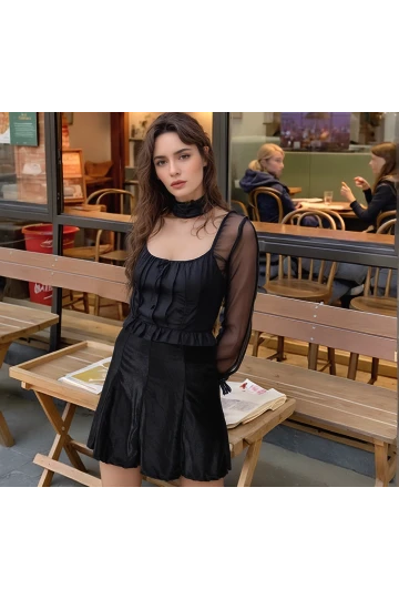 9474746 Kadife Parçalı Lastikli Kısa Etek SIYAH