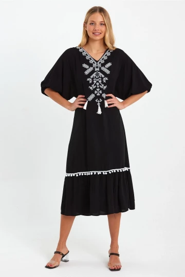 VP8165 Nakış Detaylı Püsküllü Balon Kol Elbise SIYAH