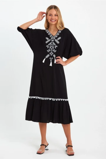 VP8165 Nakış Detaylı Püsküllü Balon Kol Elbise SIYAH