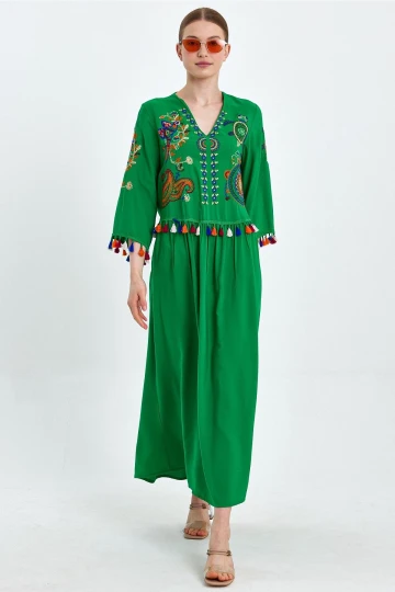 VP8175 Çiçek Nakış Detaylı Kolları Püsküllü Elbise YESIL