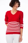 8426104 Triko Akrilik Çizgili V Yaka Bluz KIRMIZI