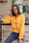 20343266 Ayrobin Kruvaze Fırfırlı Uzun Kol Bluz HARDAL